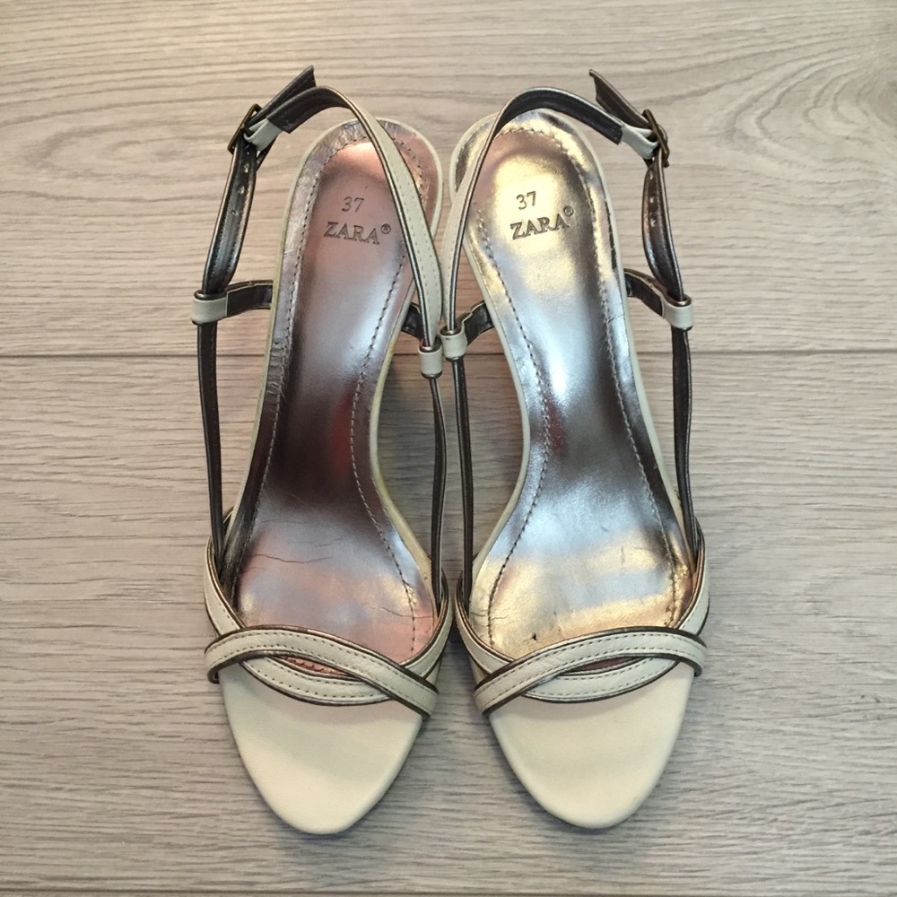 Zara Low Heel Cream and Silver Trim Sandals